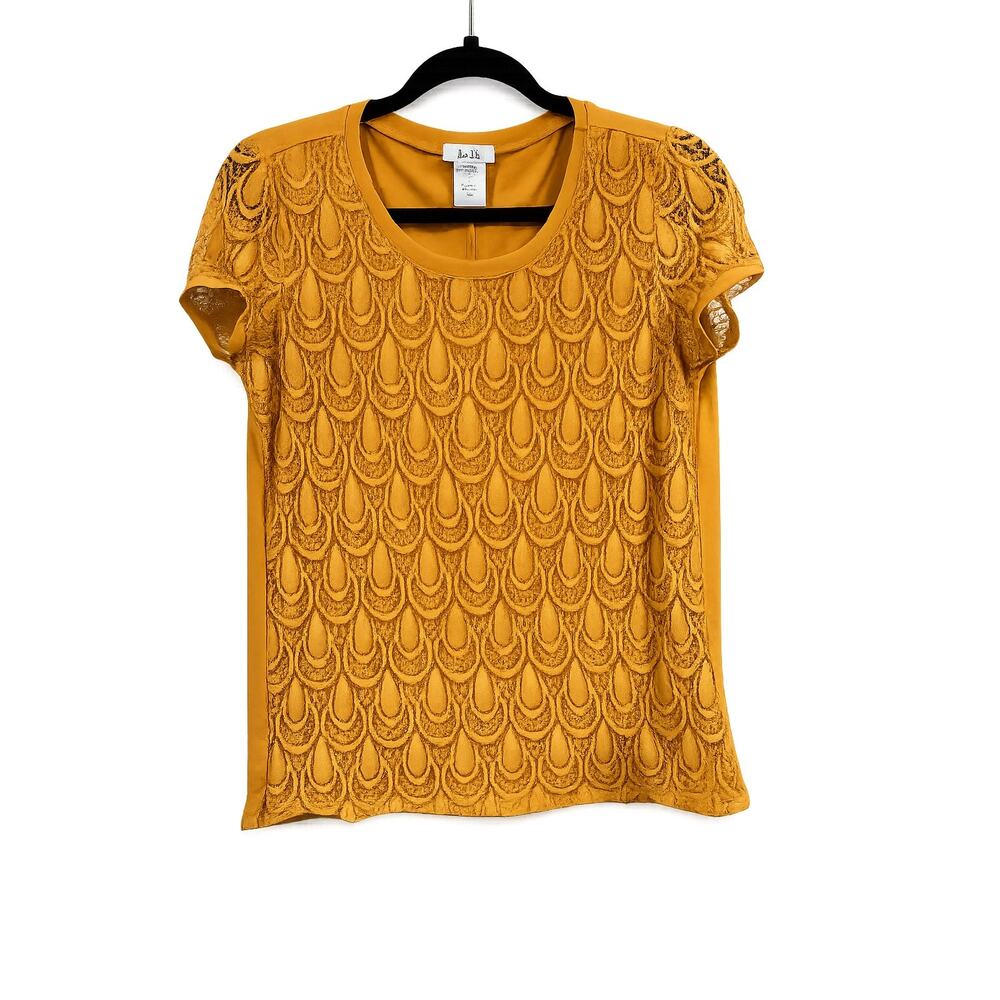 Isela Mustard Lace Front Women Medium Boho Romantic Scoop Neck Stretch Blouse